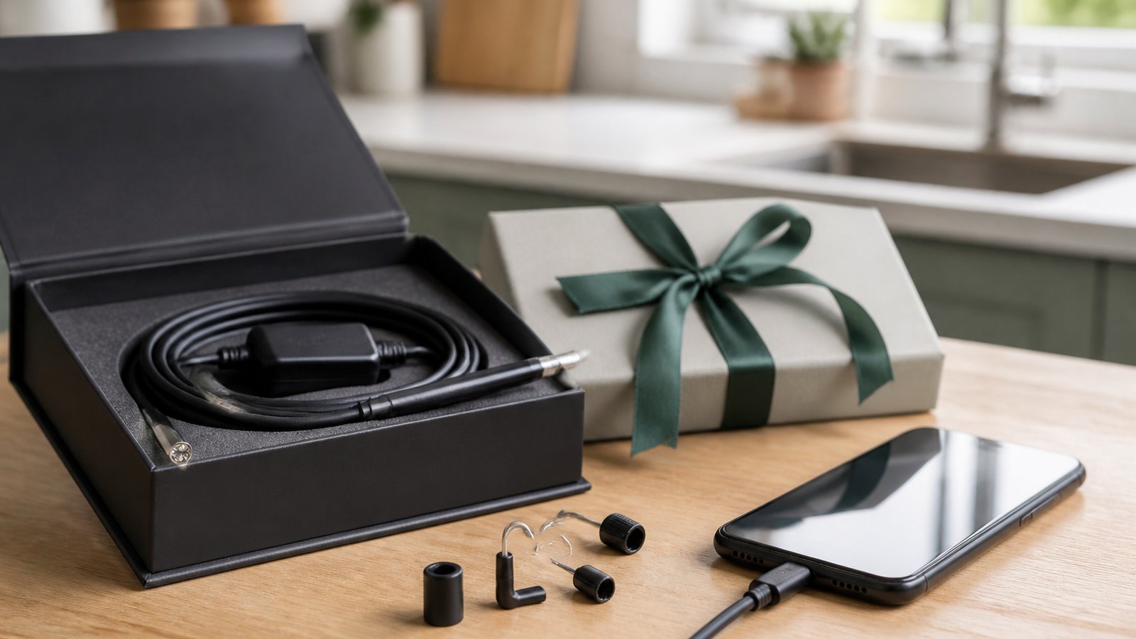 Phone borescope kit unboxed beside a smartphone on a kitchen worktop