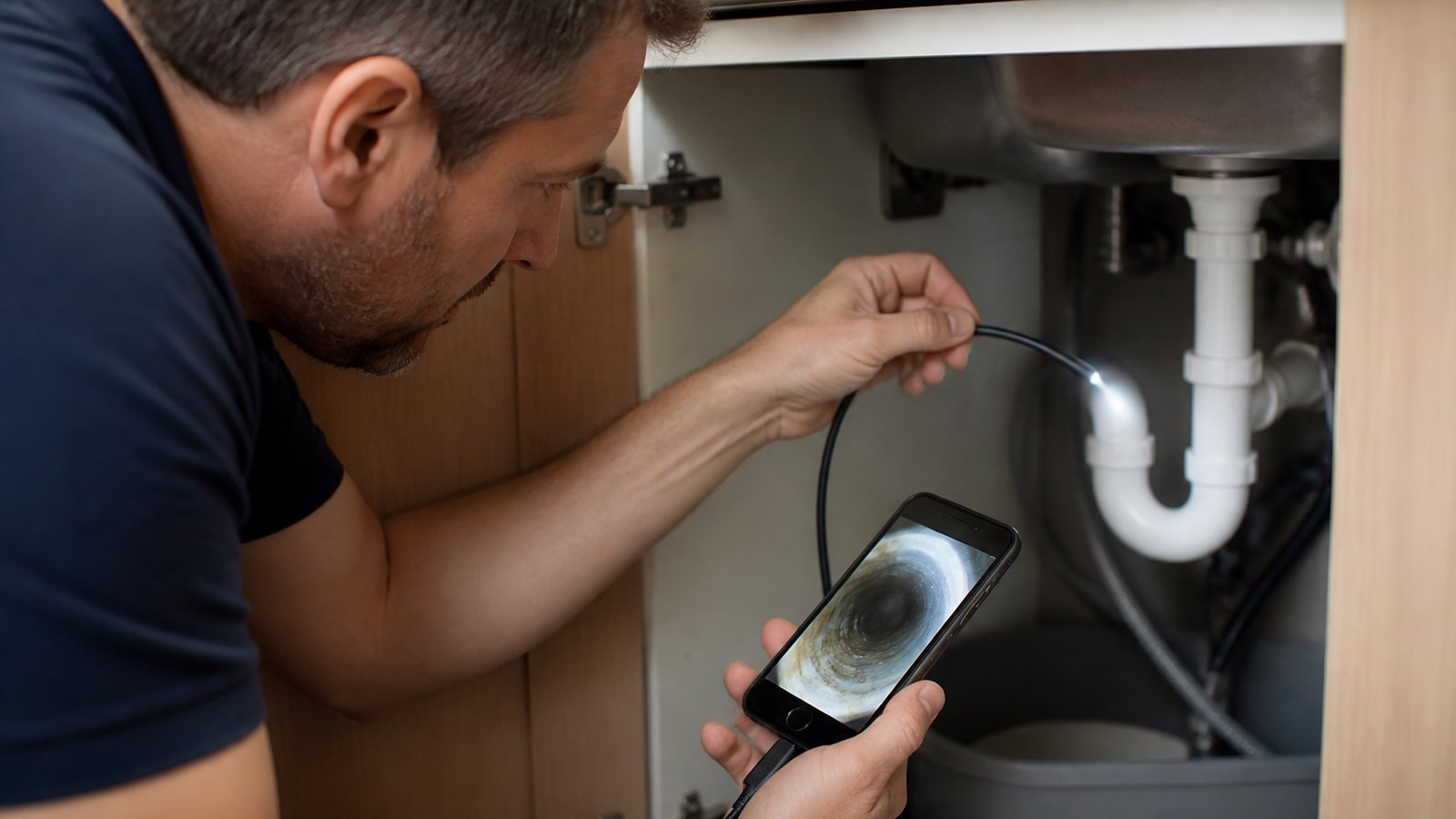 Slim phone drain camera tip near a kitchen sink waste pipe